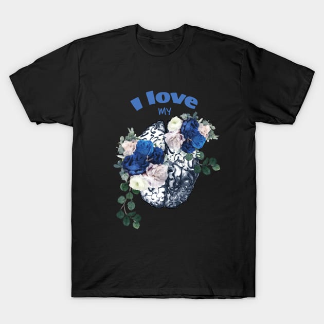 Brain mental health psychology, Blue flowers and roses, anatomy watercolor art T-Shirt by Collagedream